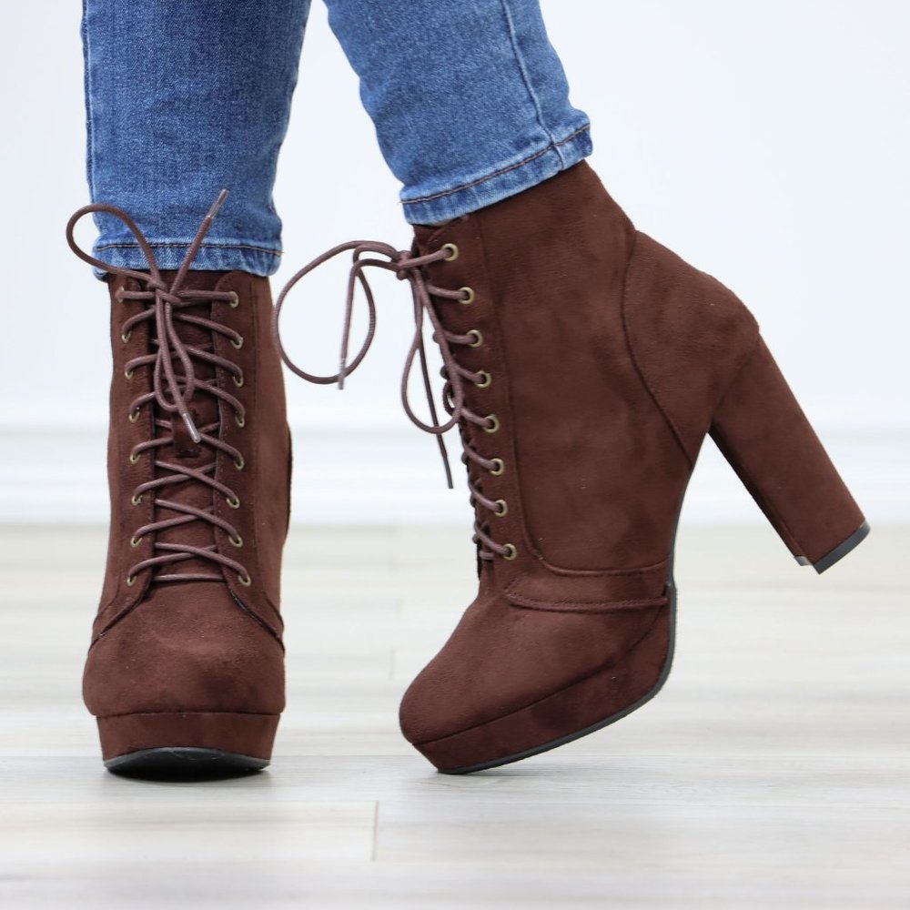 Brown Faux Suede Lace-Up Block High Heeled Platform Ankle Boots - Picture 9 of 11